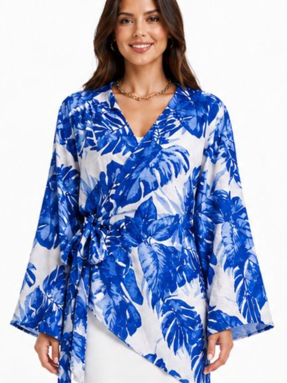 New GIGIO M 8 10 Blue White Tropical Leaves Collared Wrap Long Tunic Top Cruise
